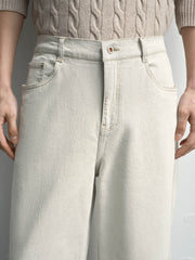 Men's Casual Straight-Leg Denim-Look White Pants