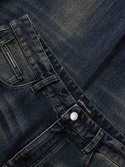 Men's Casual Heat-Retaining Straight-Leg Whiskered Wash Jeans