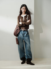 Women's Casual Cropped Embroidered Knit Cardigan