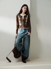 Women's Casual Cropped Embroidered Knit Cardigan