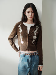 Women's Casual Cropped Embroidered Knit Cardigan