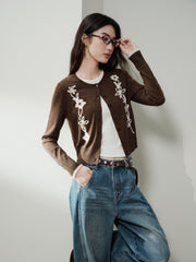 Women's Casual Cropped Embroidered Knit Cardigan