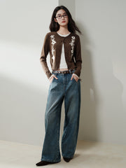 Women's Casual Cropped Embroidered Knit Cardigan