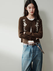 Women's Casual Cropped Embroidered Knit Cardigan
