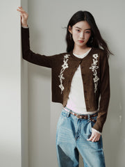 Women's Casual Cropped Embroidered Knit Cardigan
