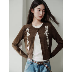 Women's Casual Cropped Embroidered Knit Cardigan