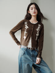 Women's Casual Cropped Embroidered Knit Cardigan