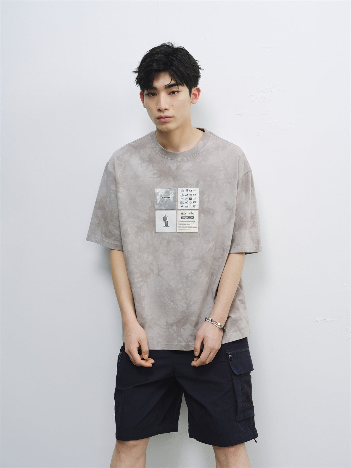 Men's Washed Distressed T-Shirt with Patchwork