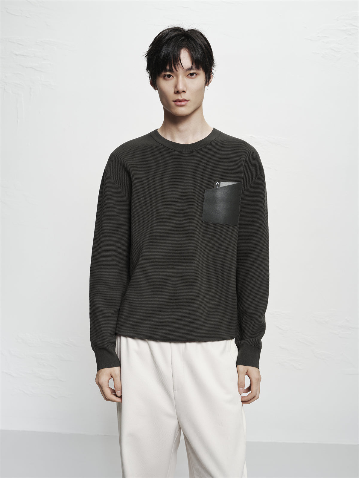Men's Solid Knit Sweater with PU Pocket