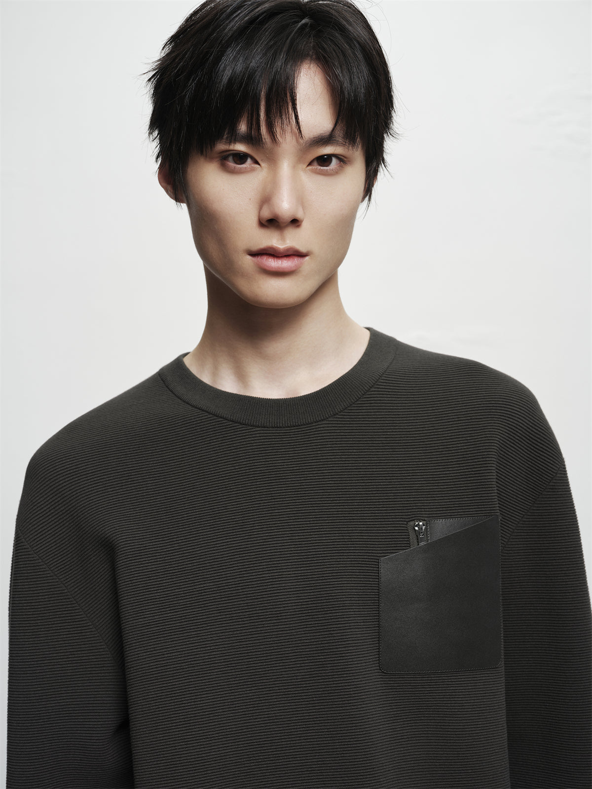 Men's Solid Knit Sweater with PU Pocket