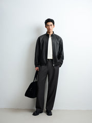 Men's Harrington-Style Black Cowhide-Grain Lambskin Leather Jacket