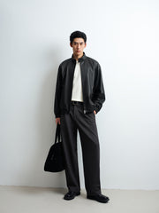 Men's Harrington-Style Black Cowhide-Grain Lambskin Leather Jacket