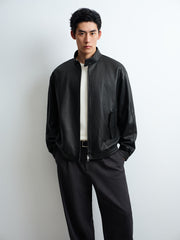 Men's Harrington-Style Black Cowhide-Grain Lambskin Leather Jacket