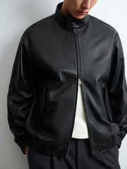 Men's Harrington-Style Black Cowhide-Grain Lambskin Leather Jacket