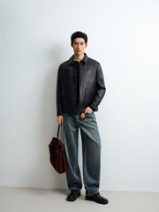 Men's Casual Lambskin Leather Jacket with Detachable Down Vest Liner