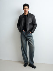 Men's Casual Lambskin Leather Jacket with Detachable Down Vest Liner