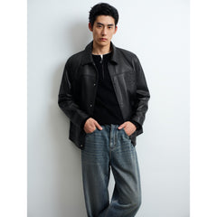 Men's Casual Lambskin Leather Jacket with Detachable Down Vest Liner