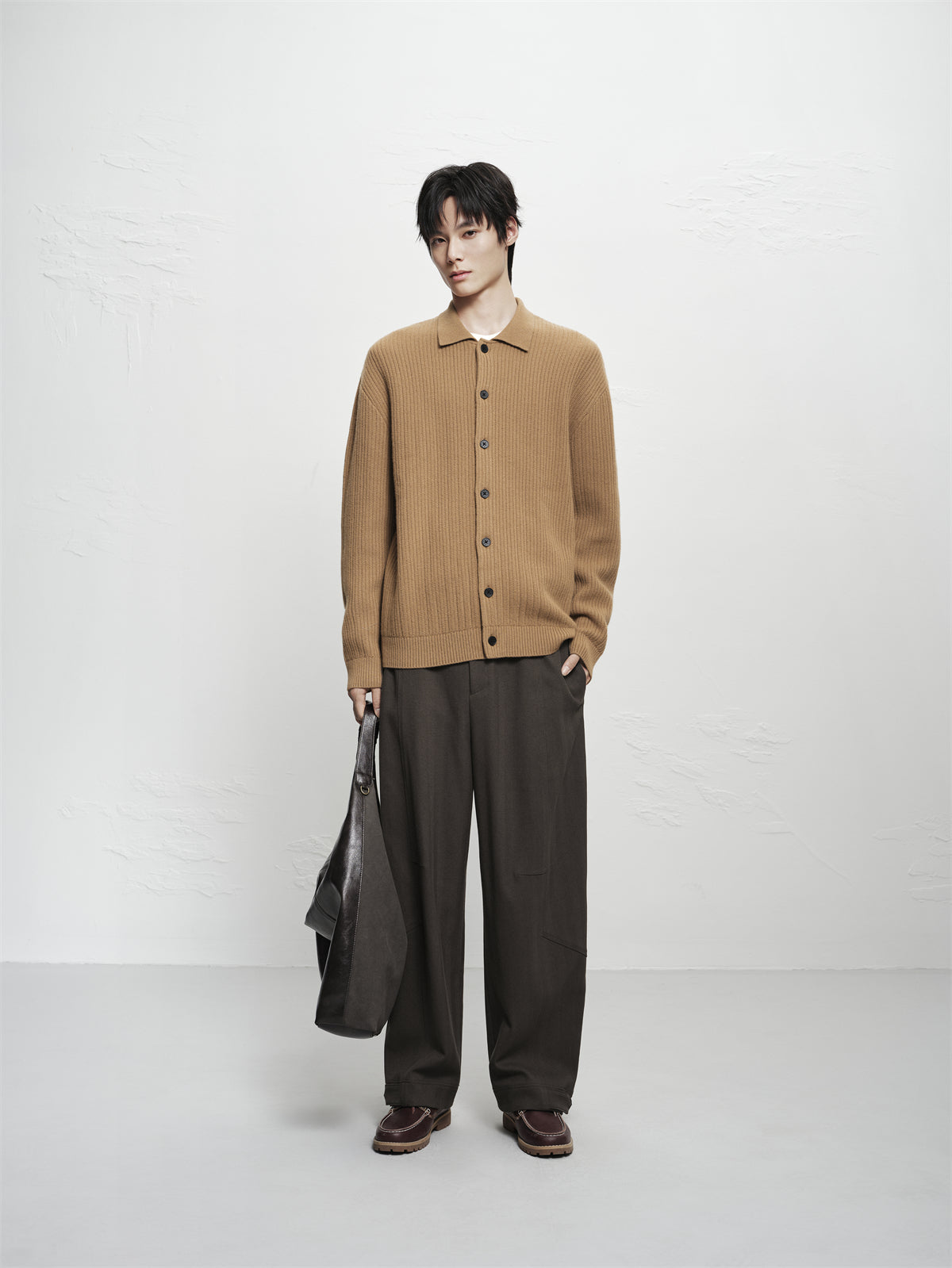 Men's Brown Textured Wool Knit Cardigan