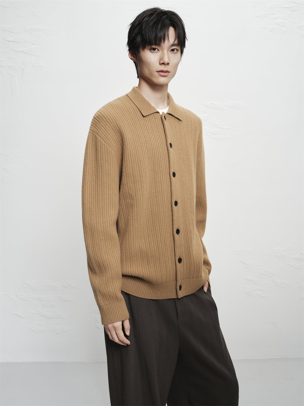 Men's Brown Textured Wool Knit Cardigan