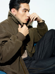 Men's Casual PU Leather Fleece-Collar Jacket-Style Down Jacket
