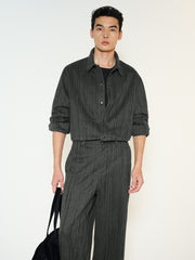 Men's Casual Grey Crinkled-Texture Denim Shirt