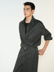 Men's Casual Grey Crinkled-Texture Denim Shirt