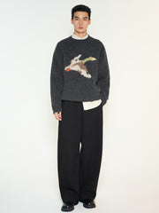 Men's Casual Wool-Blend Ink-Bird Pattern Knit Top