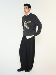 Men's Casual Wool-Blend Ink-Bird Pattern Knit Top