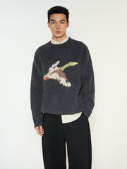 Men's Casual Wool-Blend Ink-Bird Pattern Knit Top