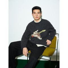 Men's Casual Wool-Blend Ink-Bird Pattern Knit Top