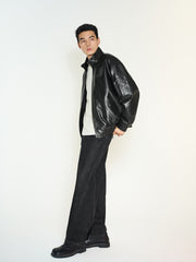 Men's Biker-Style Black Stand-Collar PU Leather Jacket