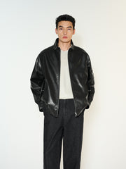 Men's Biker-Style Black Stand-Collar PU Leather Jacket