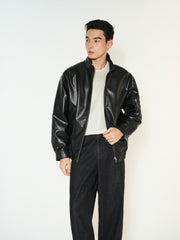 Men's Biker-Style Black Stand-Collar PU Leather Jacket