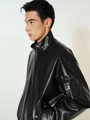 Men's Biker-Style Black Stand-Collar PU Leather Jacket