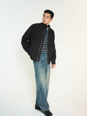 Men's Casual Black Stand-Collar Zip Jacket
