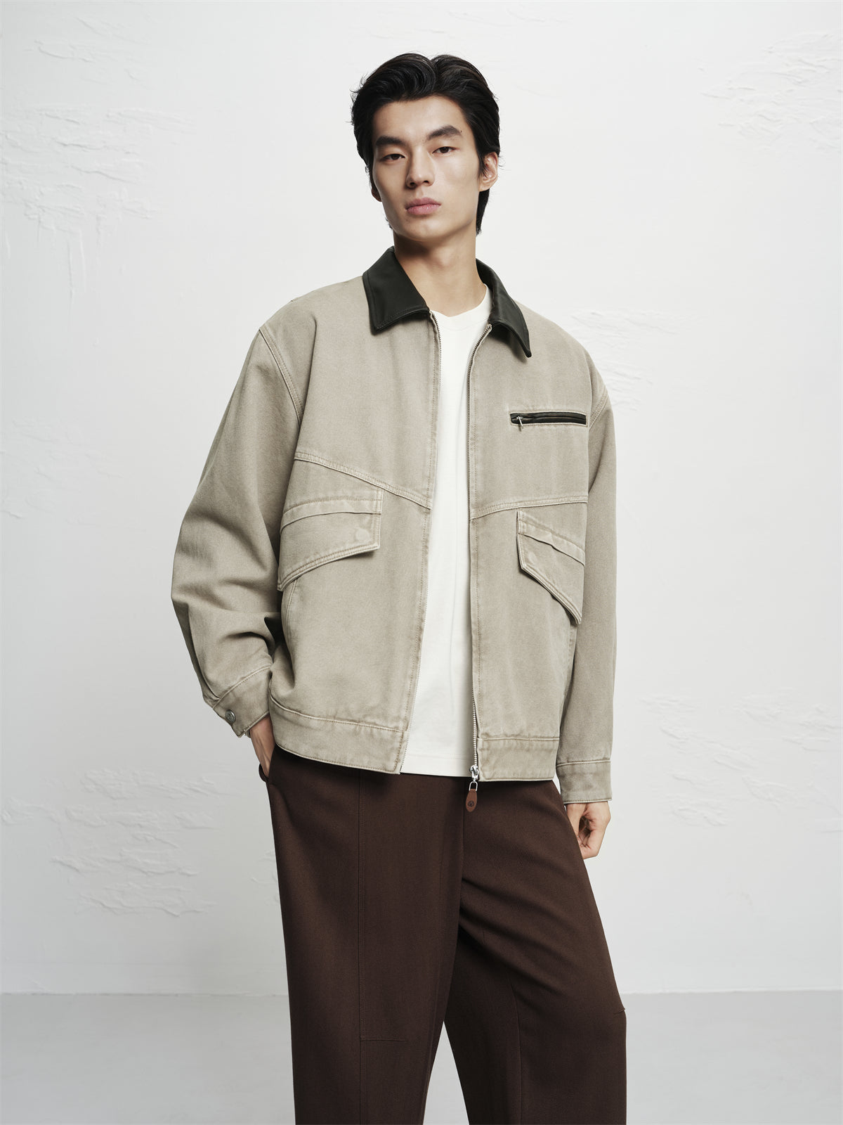 Men's Oversized Utility Jacket with PU Collar