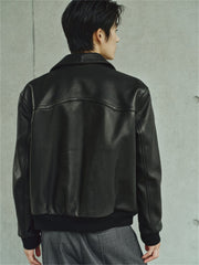 Men's Contrast Short Leather Bomber Jacket