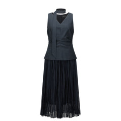 Women's French-style V-neck faux two-piece dress