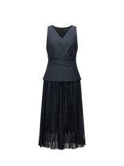 Women's French-style V-neck faux two-piece dress