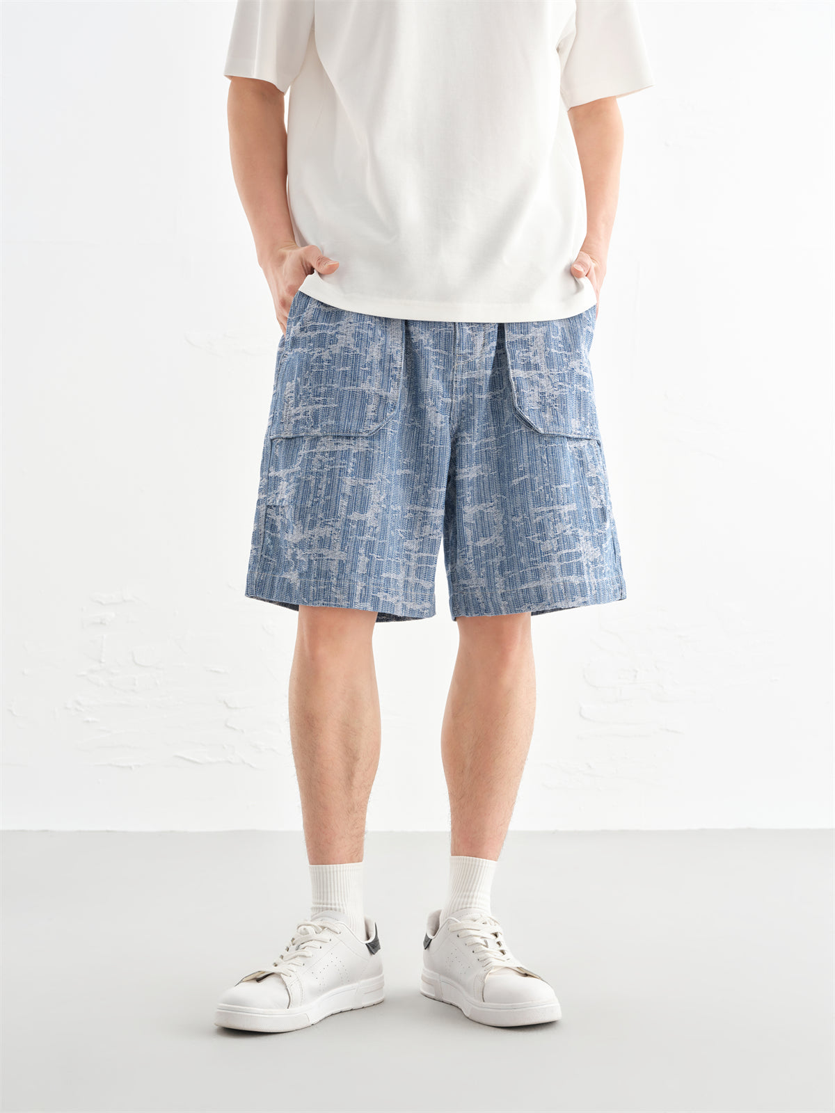 Men's Allover Jacquard Textured Denim Shorts