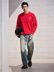 Men's Red Embroidered Crew Neck Pullover