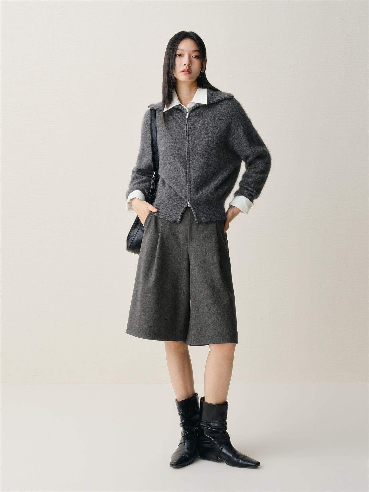 Women's Gray Wide-Leg Tailored Shorts