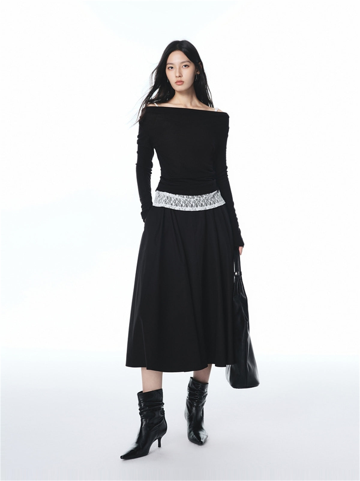 Women's Off-Shoulder Cowl Neck T-Shirt with Lace Trim