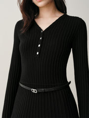 Women's Black Mid-Length Knit Dress with Belt