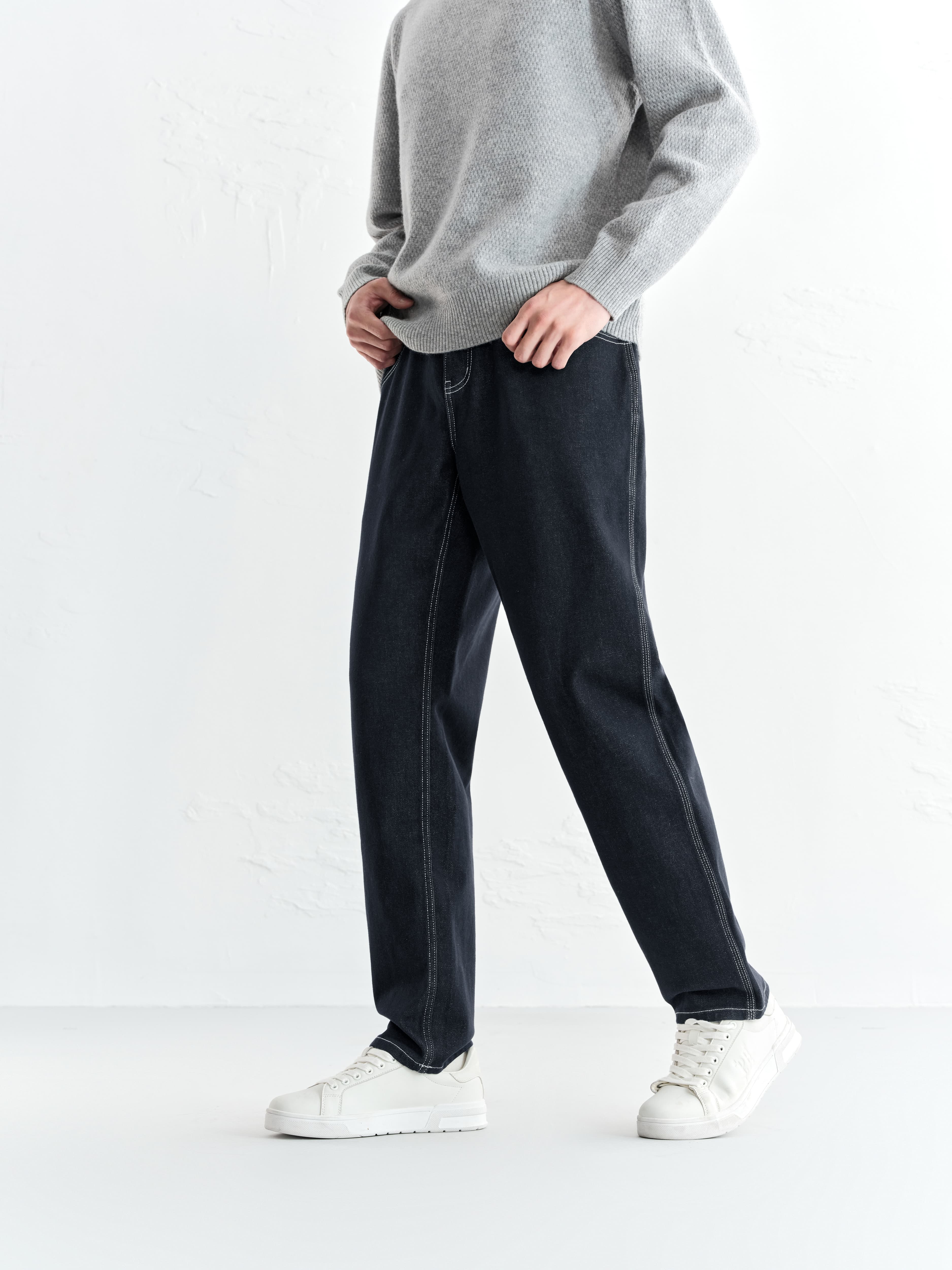 Men's Warm Contrast-Stitch Straight Jeans