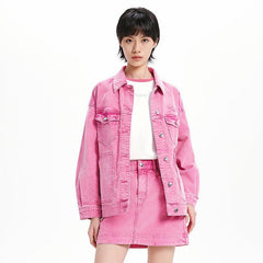 Women's Pink Corduroy Washed Denim Jacket