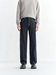 Men's Contrast-Stitch Straight Jeans with Fleece Lining