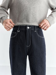 Men's Contrast-Stitch Straight Jeans with Fleece Lining