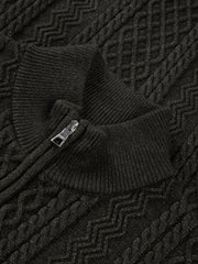 Men's Casual Brown Half-Placket Cable-Knit Sweater
