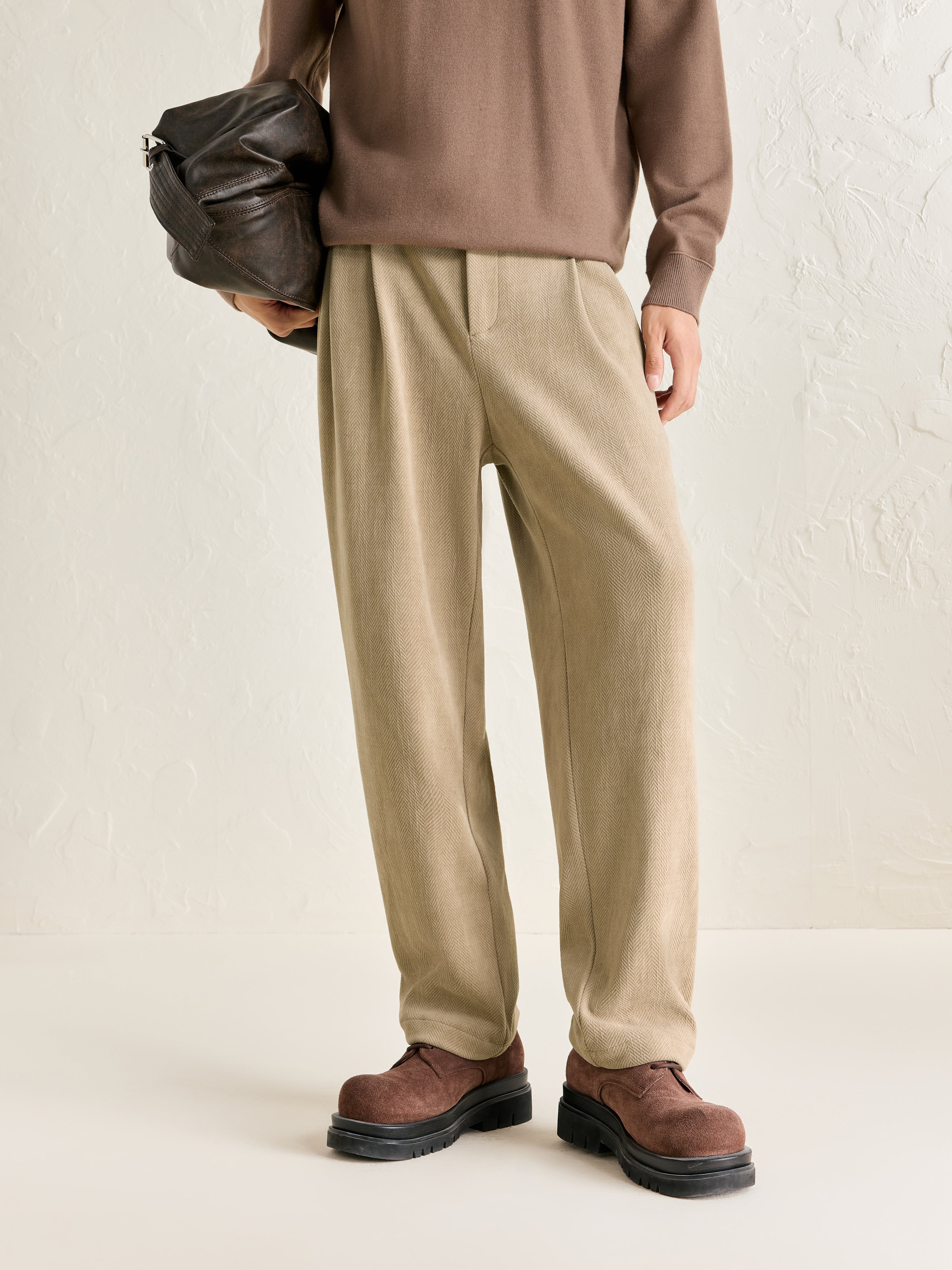 Men's Khaki Formal Textured Tapered Pants